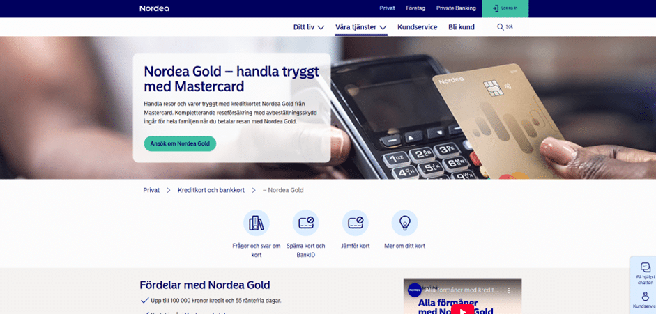 Detaljsidan för kreditkortet Nordea Gold med en tydlig grön ansökningsknapp.