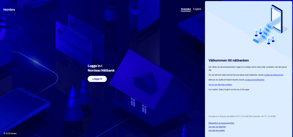 Inloggnings- och ansökningsformuläret på Nordeas webbplats där kunden slutför processen digitalt.