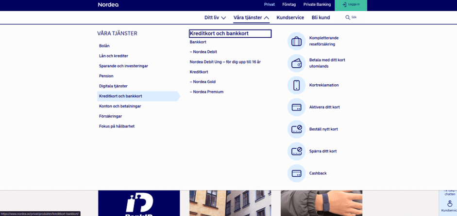 En skärmdump av Nordeas startsida som visar navigeringsmenyn från "Våra tjänster" till sektionen för kreditkort.