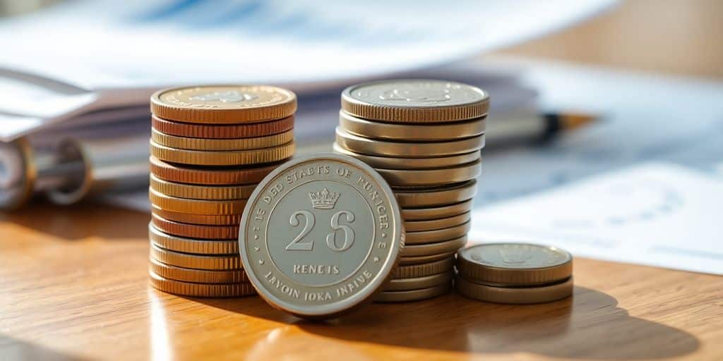 Monedas en crecimiento sobre mesa de madera