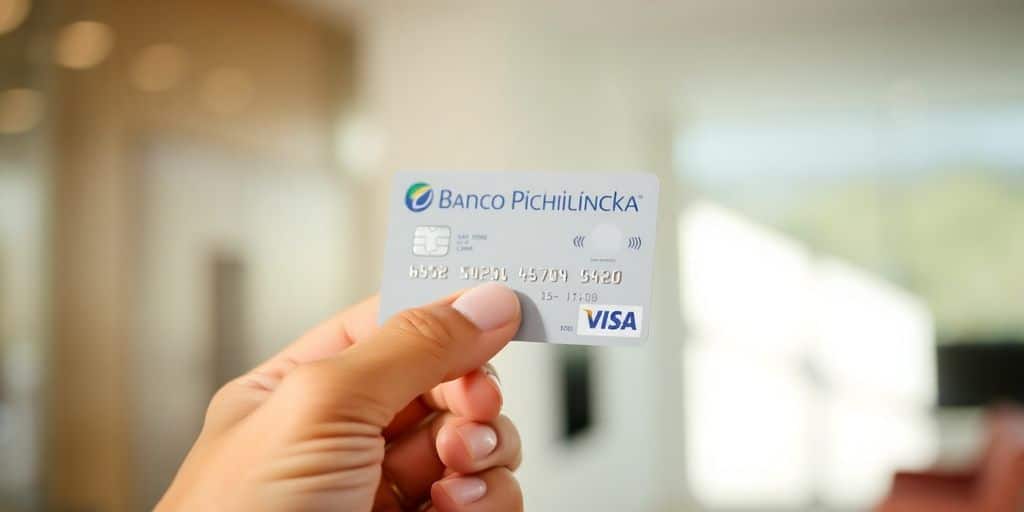 Close-up of a hand holding a Banco Pichincha Visa card.
