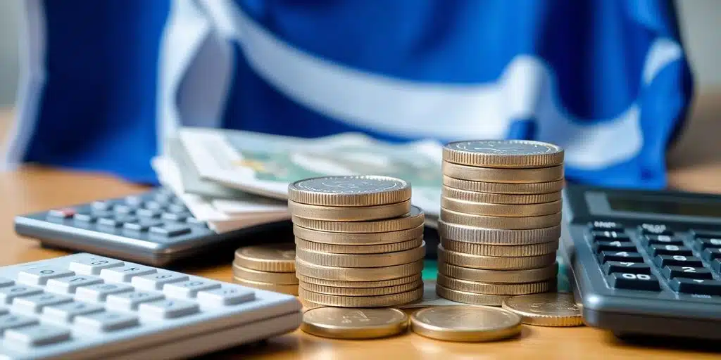 Íslenskur fáni, mynt, reiknivél á borði