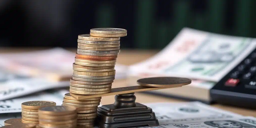 Monedas y billetes apilados, balanza inclinada.