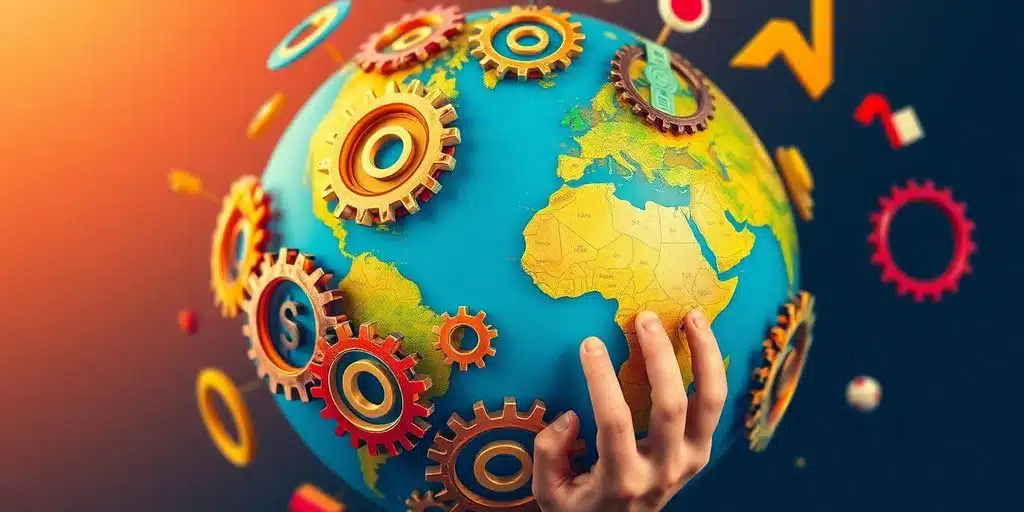 Mundo con engranajes, manos, dinero, y personas.