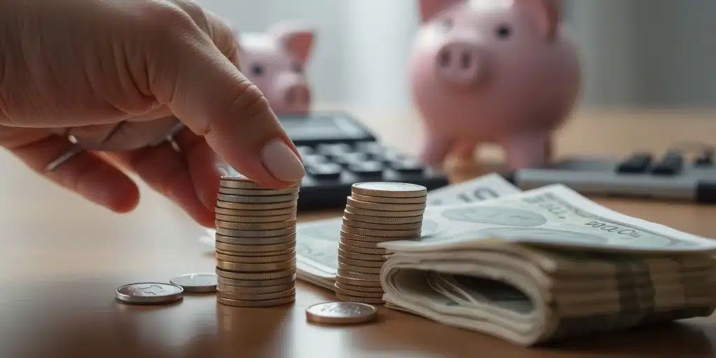 Mano sosteniendo monedas y billetes, con calculadora y alcancía.