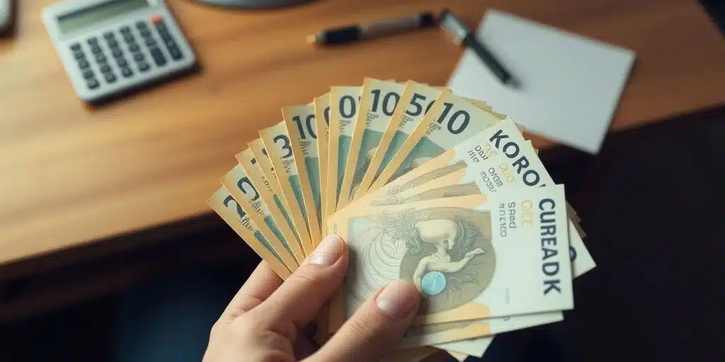 Mynd af peningum og útreikningum.