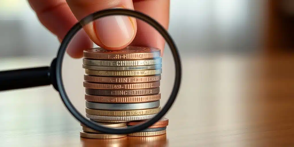 Monedas apiladas con manos sujetando lupa