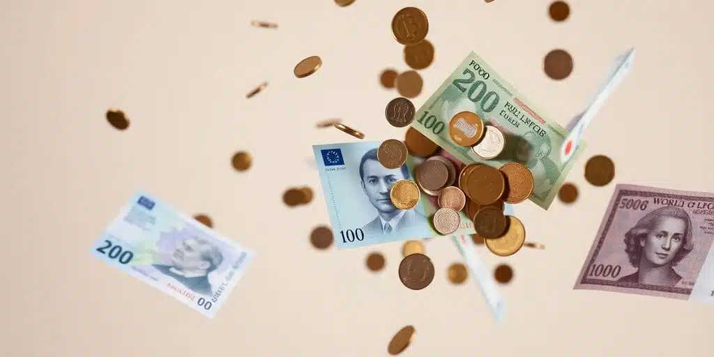 Monedas y billetes disparados por los aires.