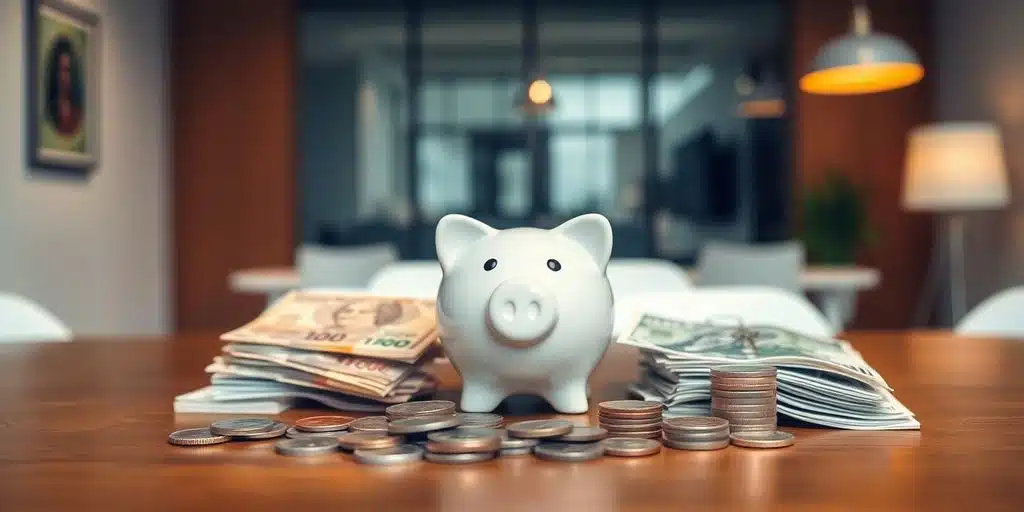 Myntir, seðlar, reiknivél, sparnaðargrís, lán, fjárfesting