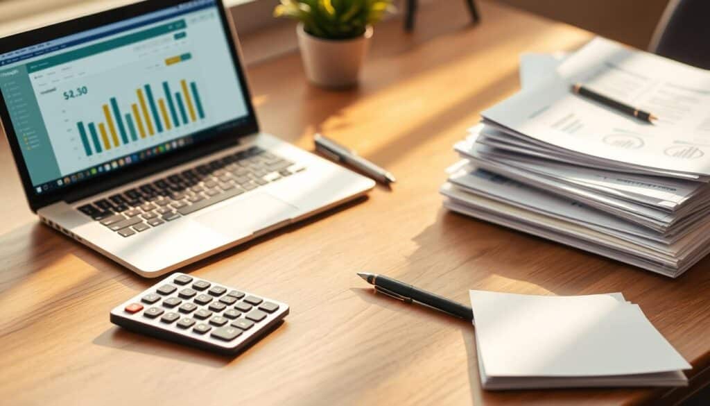 A neatly arranged desk showcasing various financial management tools, including a laptop displaying a budgeting app, a calculator, a pen, and a stack of papers representing financial documents. The scene is bathed in warm, natural lighting, creating a productive and organized atmosphere. The composition emphasizes the integration of digital and analog tools, reflecting the hybrid nature of modern personal finance management. The overall mood conveys a sense of control and efficiency in managing one's financial affairs.
