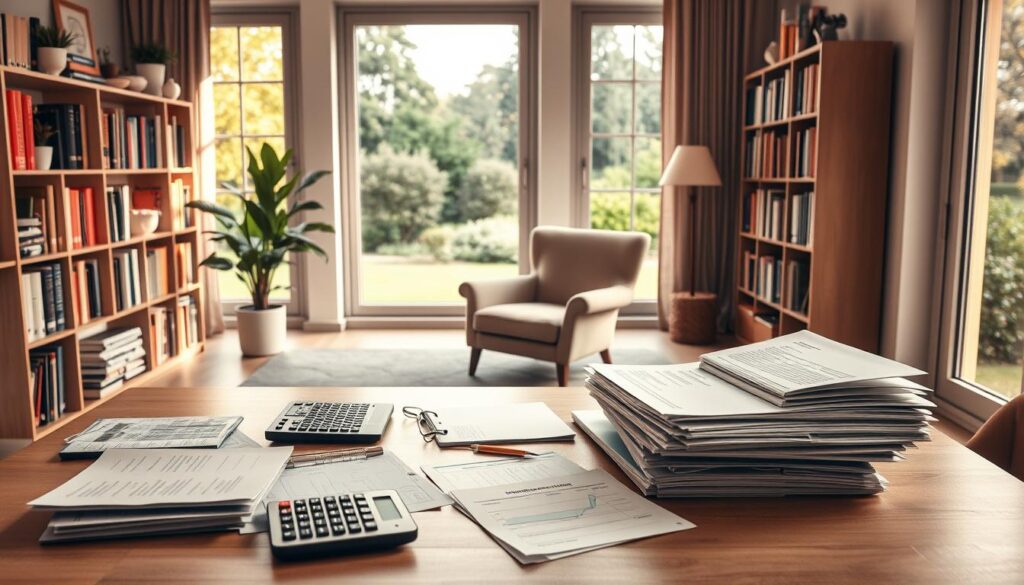 A peaceful, modern home office setting with a focus on personal finance. In the foreground, a neatly organized desk with a laptop, a calculator, and stacks of documents representing budgets, investment plans, and savings statements. The middle ground showcases bookshelves filled with finance-related literature and a cozy armchair, suggesting a space for contemplation and research. The background features large windows overlooking a serene garden, bathed in warm, natural lighting that creates a calming atmosphere. The overall composition conveys a sense of control, organization, and thoughtful financial management.