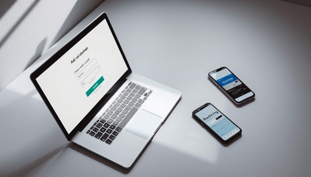 A sleek, modern desktop setup with a laptop, smartphone, and credit card laid out neatly. The laptop screen displays a simple online credit card application form, while the smartphone shows a banking app interface. Soft, directional lighting illuminates the scene, casting subtle shadows and highlighting the clean, minimalist aesthetic. The overall mood is one of efficiency, security, and the seamless integration of technology in the financial realm.