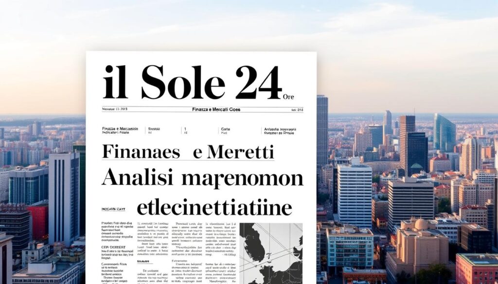A sleek, modern financial newspaper cover with a minimalist design, set against a backdrop of a bustling urban skyline. The front page features the masthead "Finanza e Mercati il Sole 24 Ore" in a bold, clean font, with the headline "Analisi macroeconomica e indicatori chiave" displayed prominently. The layout is crisp and professional, with a subtle use of grid-like patterns and geometric shapes to create a sense of order and structure. The color palette is predominantly muted tones of grays, blues, and blacks, with strategic pops of color to draw the eye. The overall atmosphere conveys a sense of authority, reliability, and the data-driven analysis of financial markets.
