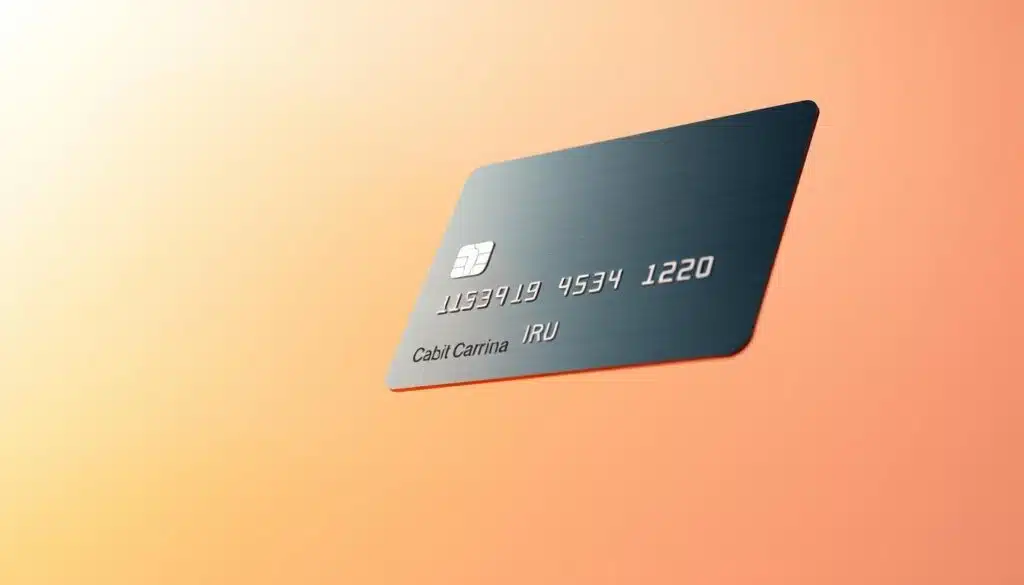 A sleek, modern online credit card floating against a minimalist background. The card is rendered in high detail, with a metallic finish and subtle branding elements. The foreground is sharply in focus, with a soft, atmospheric blur in the middle ground. Warm, directional lighting illuminates the card from the side, casting subtle shadows and highlights. The overall mood is one of sophistication and digital elegance, reflecting the advantages of online credit cards over traditional physical cards.