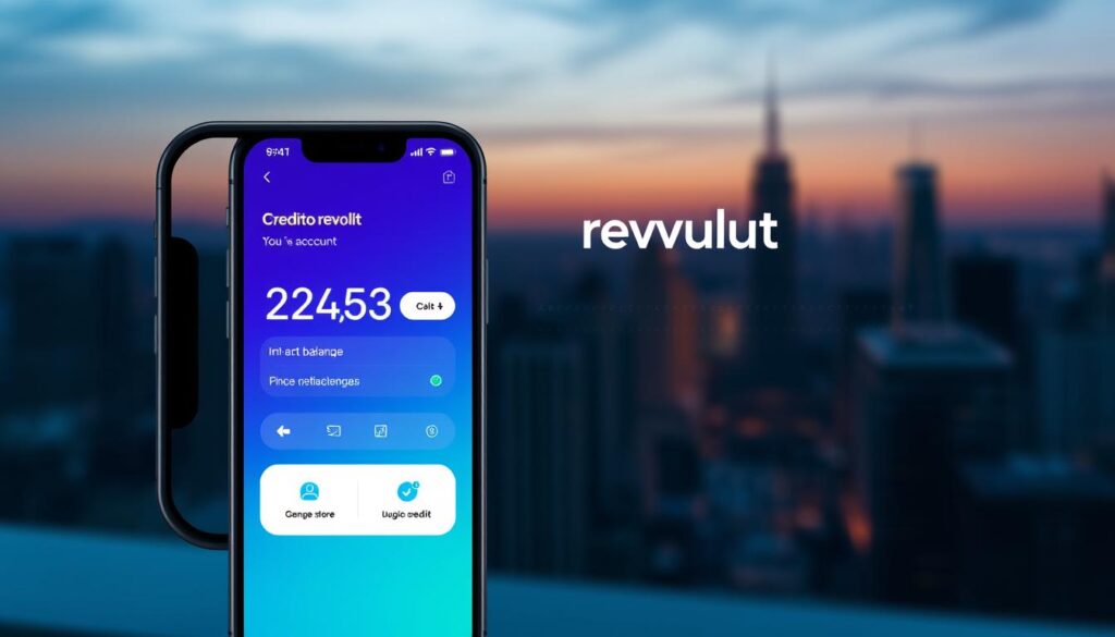 Prompt A modern digital wallet interface showcasing the "Credito revolut" feature. The screen displays a sleek, minimalist design with a clean layout, vibrant color palette, and intuitive navigation. In the foreground, a user's account details and balance are prominently displayed, conveying a sense of control and financial empowerment. The middle ground features interactive icons and buttons, allowing the user to access credit-related services seamlessly. The background subtly depicts a cityscape, hinting at the global accessibility and convenience of the digital credit solution. The overall mood is one of sophistication, efficiency, and the future of personal finance.