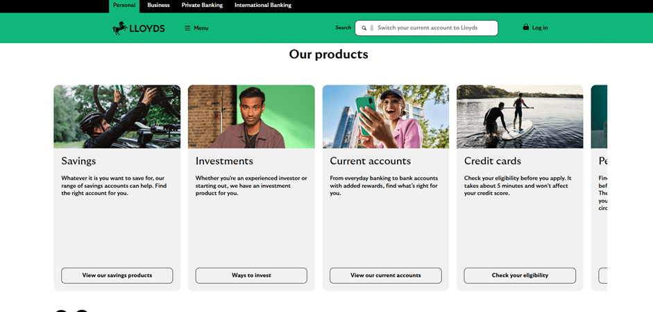  Screenshot of the Lloyds Bank homepage, highlighting the products section with icons for savings, investments, current accounts, and credit cards.