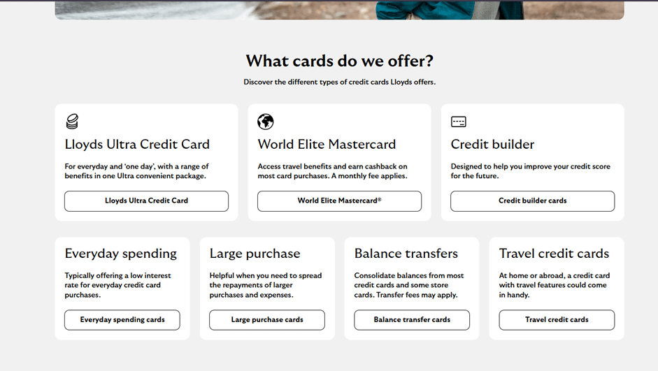 A catalog of credit cards on the Lloyds website. The World Elite Mastercard is highlighted among other options like the Ultra card.