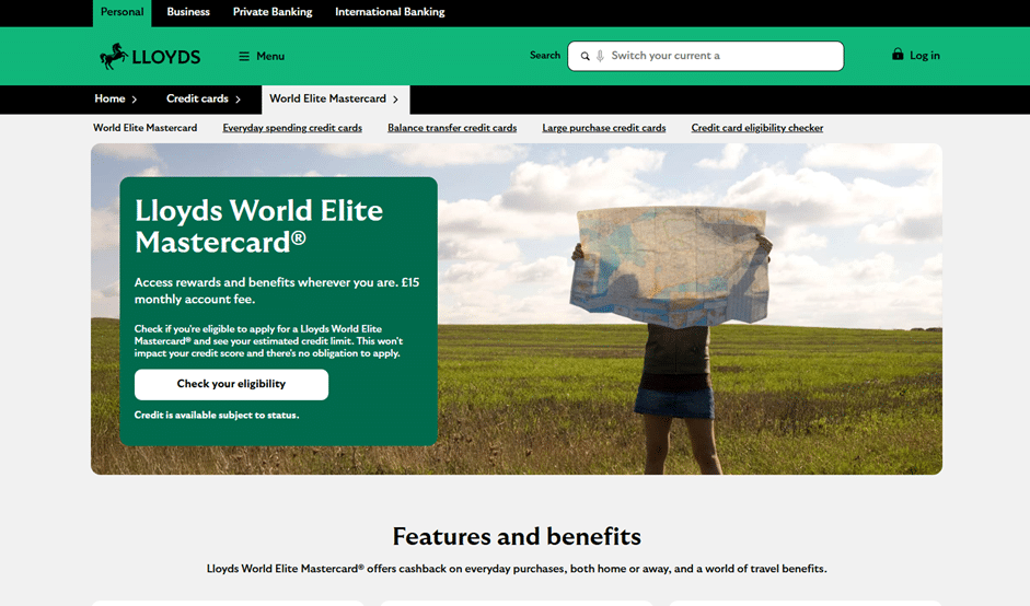 The dedicated page for the World Elite Mastercard, featuring a prominent "Check your eligibility" button and a description of travel benefits.