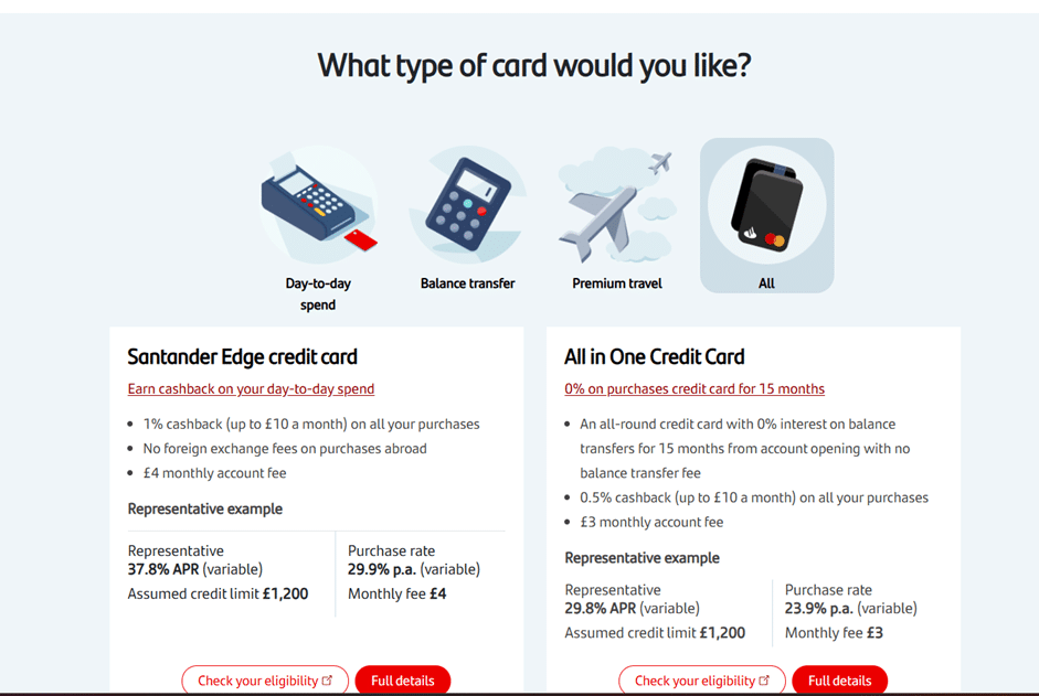 Display of various Santander credit card products, with the All in One card positioned as the second choice on the list.