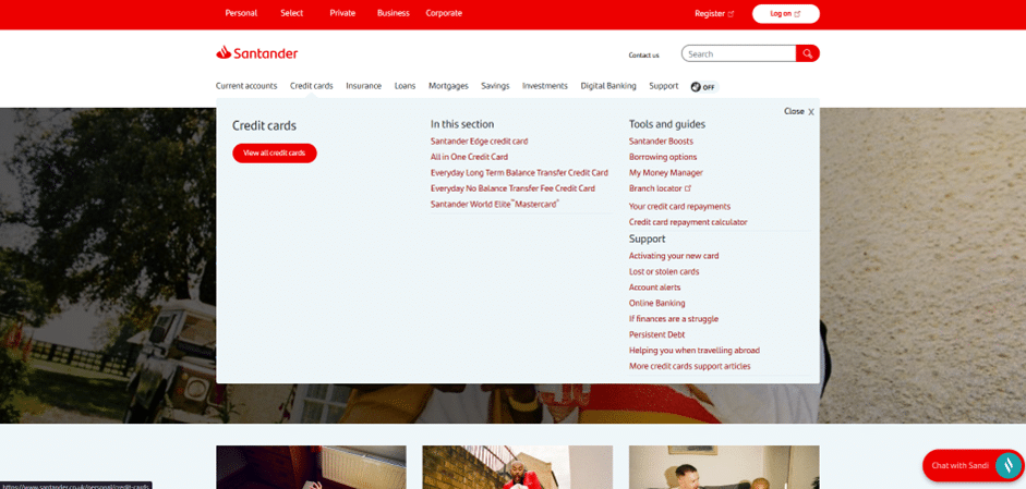 A digital view of the Santander UK website navigation bar, showing the "Credit cards" menu item being selected with options to view all cards or specific tools.
