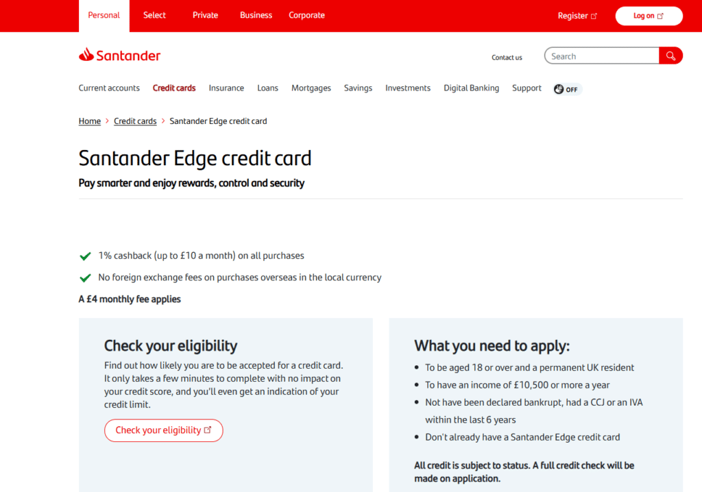 The official Santander Edge product page, displaying a prominent white button for the eligibility checker alongside a list of requirements like minimum income.