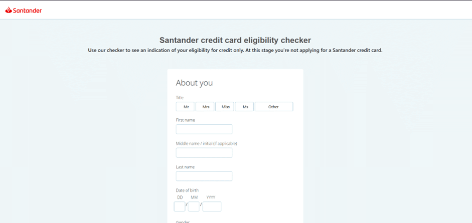 A secure online application form from Santander, asking for basic information such as title (Mr, Mrs, etc.), first name, and last name in a clean, user-friendly interface.