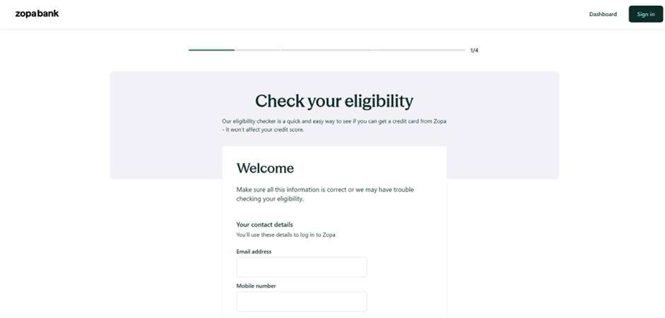 The start of the secure digital application form on the Zopa portal, asking for initial personal details to verify the applicant.