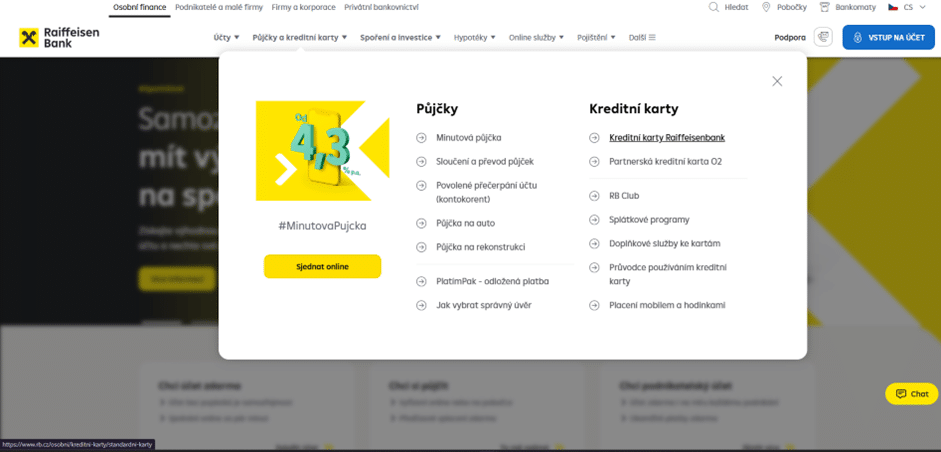 Snímek domovské stránky Raiffeisenbank v češtině, kde je v horním menu zvýrazněna sekce pro kreditní karty.