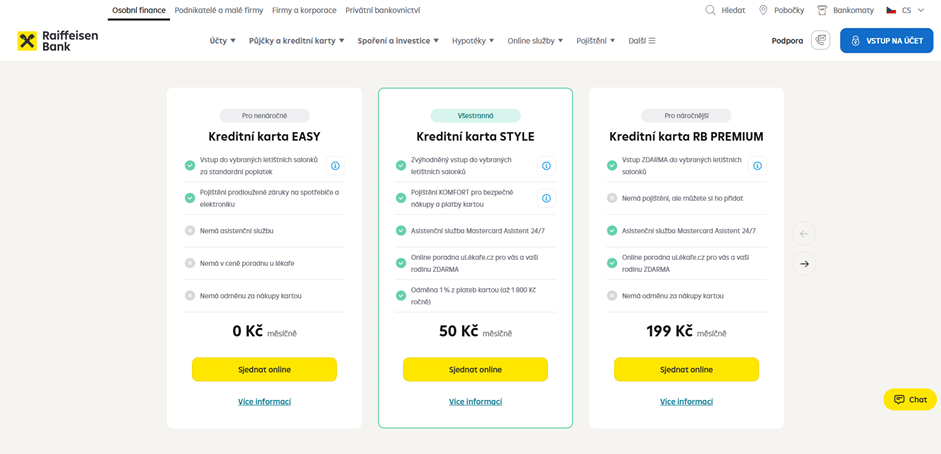 Katalog produktů na webu banky zobrazující různé typy kreditních karet, přičemž karta RB Easy je uprostřed s odkazem na detailní informace.