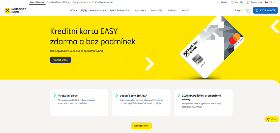 Stránka s podrobnostmi o kartě RB Easy, která obsahuje seznam výhod a výrazné šedé tlačítko pro podání žádosti online.