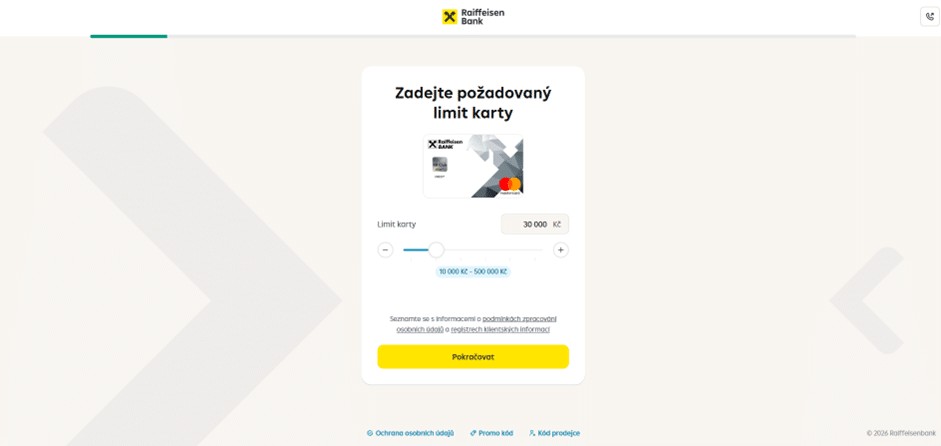 Zabezpečený online formulář Raiffeisenbank, kde žadatel vyplňuje své osobní a kontaktní údaje pro schválení karty.