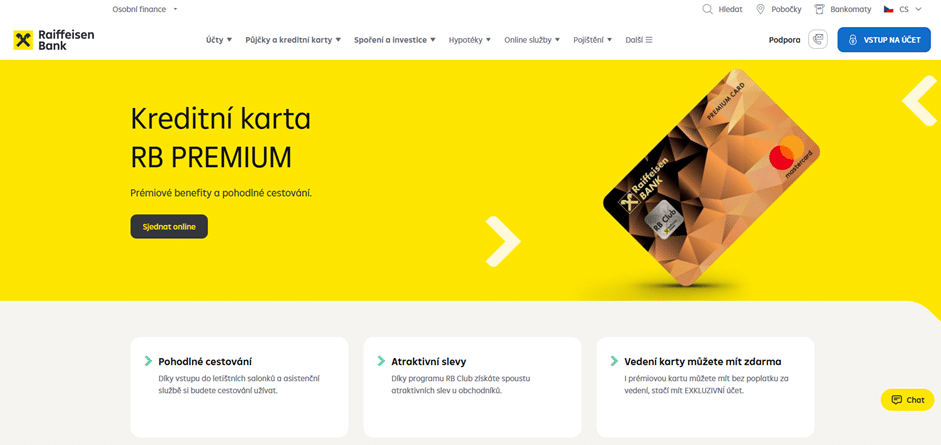  Informační stránka karty RB Premium, která obsahuje výhody produktu a výrazné šedé tlačítko pro sjednání karty online.