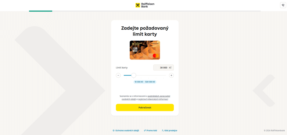 První krok zabezpečeného online formuláře na portálu Raiffeisenbank pro vyplnění osobních údajů žadatele o prémiovou kartu.