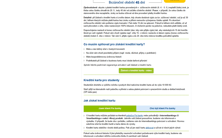 Zobrazení kontaktních informací a postupu pro podání žádosti o kreditní kartu.