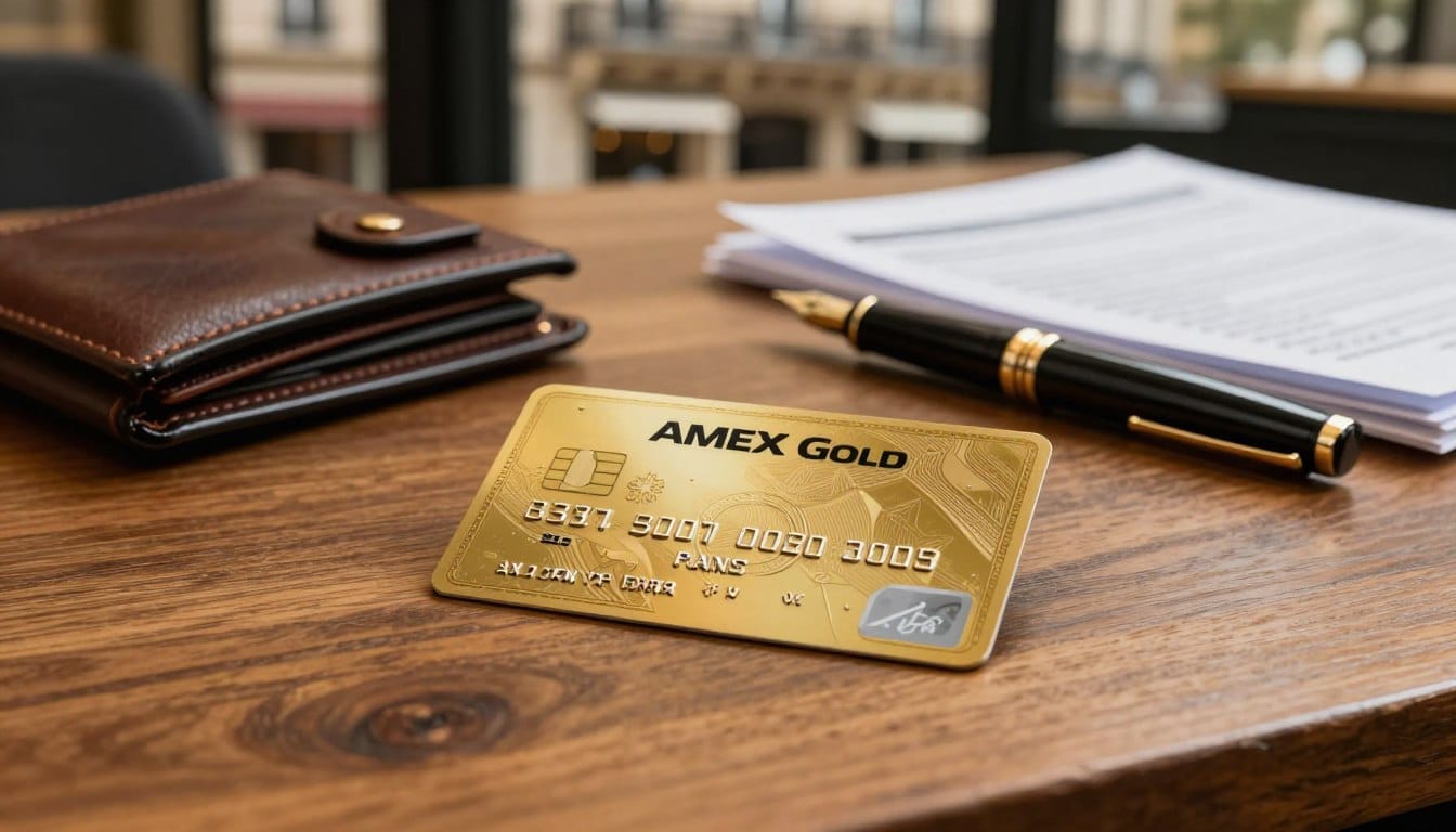 A beautifully designed Amex Gold credit card placed elegantly on a polished wooden desk, surrounded by soft, natural lighting that creates an inviting atmosphere. In the foreground, the card is centered, showcasing its golden hue and intricate design details, reflecting luxury and sophistication. In the middle ground, there are stylish business accessories, such as a leather wallet, a fountain pen, and a few neatly stacked financial documents to suggest professionalism and financial planning. The background features a blurred out Parisian café scene with subtle hints of iconic architecture, evoking a sense of elegance and worldliness. The overall mood is one of aspiration and financial success, capturing the allure of obtaining the Amex Gold card in France.