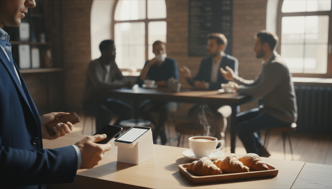 A bustling café scene depicting contactless payment in action. In the foreground, a business professional in smart casual attire holds a smartphone near a sleek card reader, demonstrating the ease of payment. The middle ground features a wooden table with a steaming coffee cup and a small tray of pastries, illustrating a welcoming atmosphere. The background shows other customers engaged in conversations, adding life to the scene. Soft, natural light filters through large windows, creating a warm, inviting ambiance. The overall mood is modern and efficient, capturing the convenience of contactless transactions in everyday settings. The image should have a clear focus on the hands and payment technology, with a slightly blurred background for depth. No text or overlays present.
