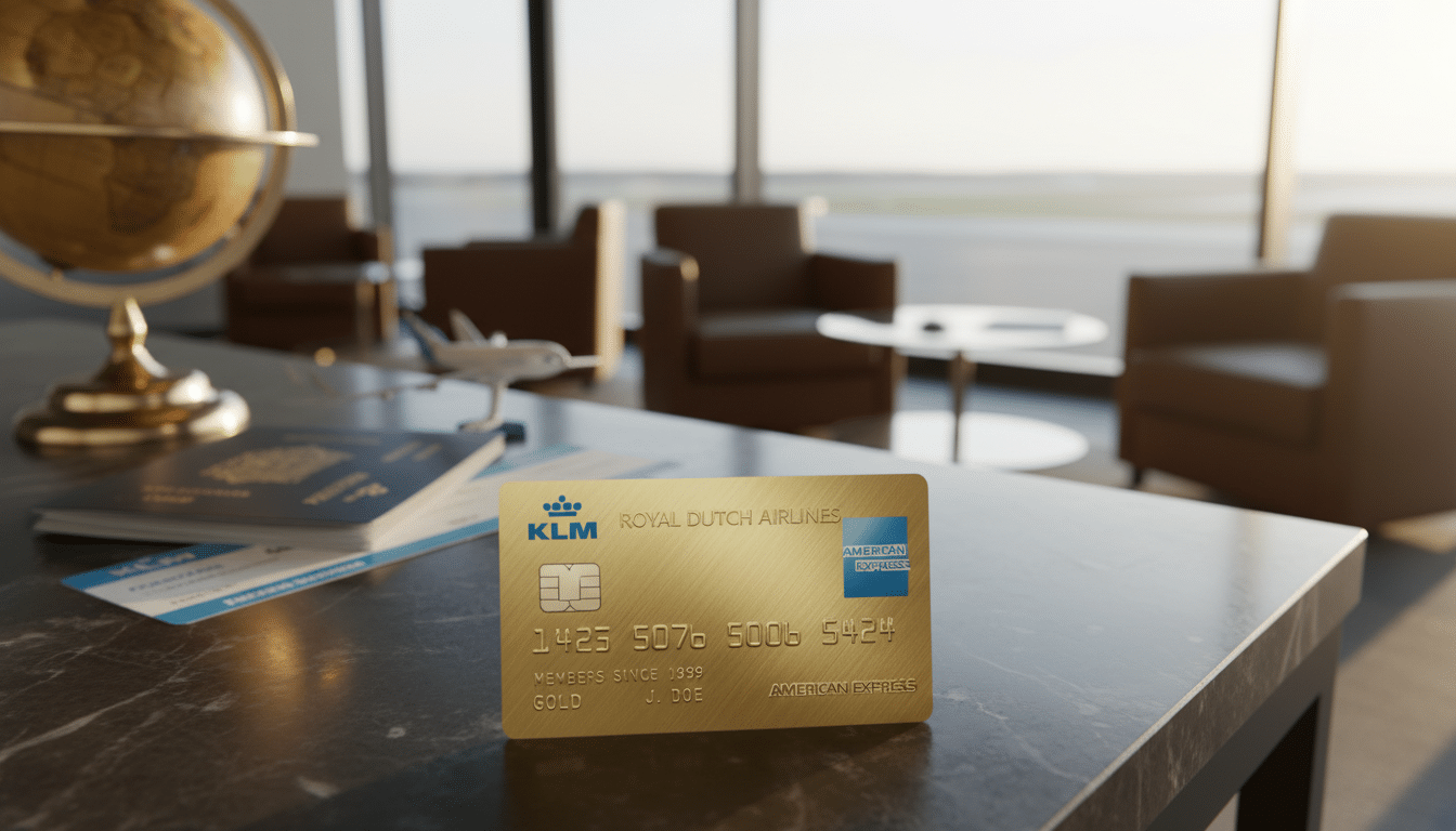 A close-up view of an American Express KLM Gold credit card positioned prominently in the foreground, showcasing its sleek, gold design with intricate detailing, the KLM logo, and the Amex emblem. The card rests on a modern, textured surface, suggesting luxury. In the middle ground, blurred out travel-themed items like a globe, a passport, and airplane tickets symbolize a journey and travel rewards. The background features soft-focus framing of a bright, airy airport lounge, with warm lighting that creates an inviting atmosphere, hinting at a sense of adventure and exploration. The mood is upbeat and aspirational, perfect for illustrating the benefits of bonus miles associated with this card.