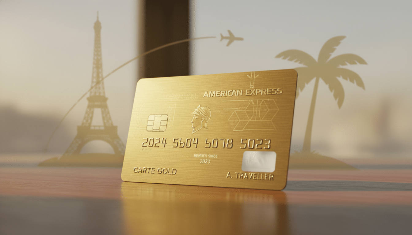 A detailed, realistic illustration of a Carte Gold American Express card prominently displayed in the foreground, casting a subtle shadow on a sleek wooden surface. The card should showcase its distinctive gold color, intricate designs, and embossed text, emphasizing its luxurious appearance. In the middle background, faint silhouettes of iconic travel landmarks, such as the Eiffel Tower and a tropical palm tree, subtly blend to suggest travel and adventure. The lighting should be soft, with a warm golden hue to enhance the luxurious feel, mimicking late afternoon sunlight. Capture the image from a slight angle to highlight the card’s dimensions and texture, evoking a sense of sophistication and wanderlust, perfect for the theme of travel advantages associated with the Amex Gold card.