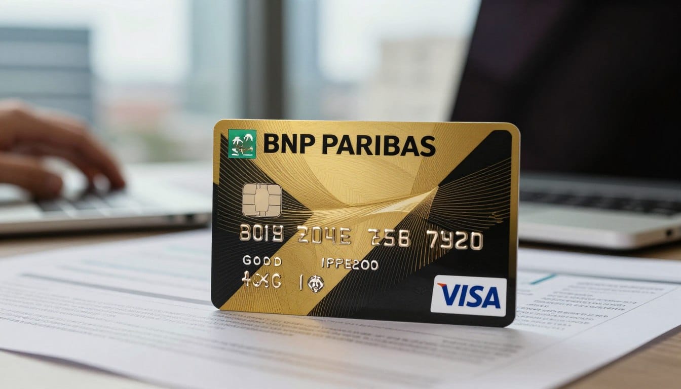 A high-quality image of a sleek, modern Visa Infinite card from BNP Paribas prominently displayed in the foreground, showcasing its sophisticated design featuring elegant gold and black patterns. The card is angled slightly to reveal the chip and embossed details, glinting in soft, natural lighting that highlights its premium texture. In the middle ground, a tasteful blurred representation of a professional workspace with a laptop and financial documents subtly suggests a business context. The background is softly focused but features hints of a high-end cityscape through a large window, creating a polished, aspirational atmosphere. Aim for an elegant, inviting mood, emphasizing luxury and financial empowerment. Ensure there are no captions, logos, or text on the image.