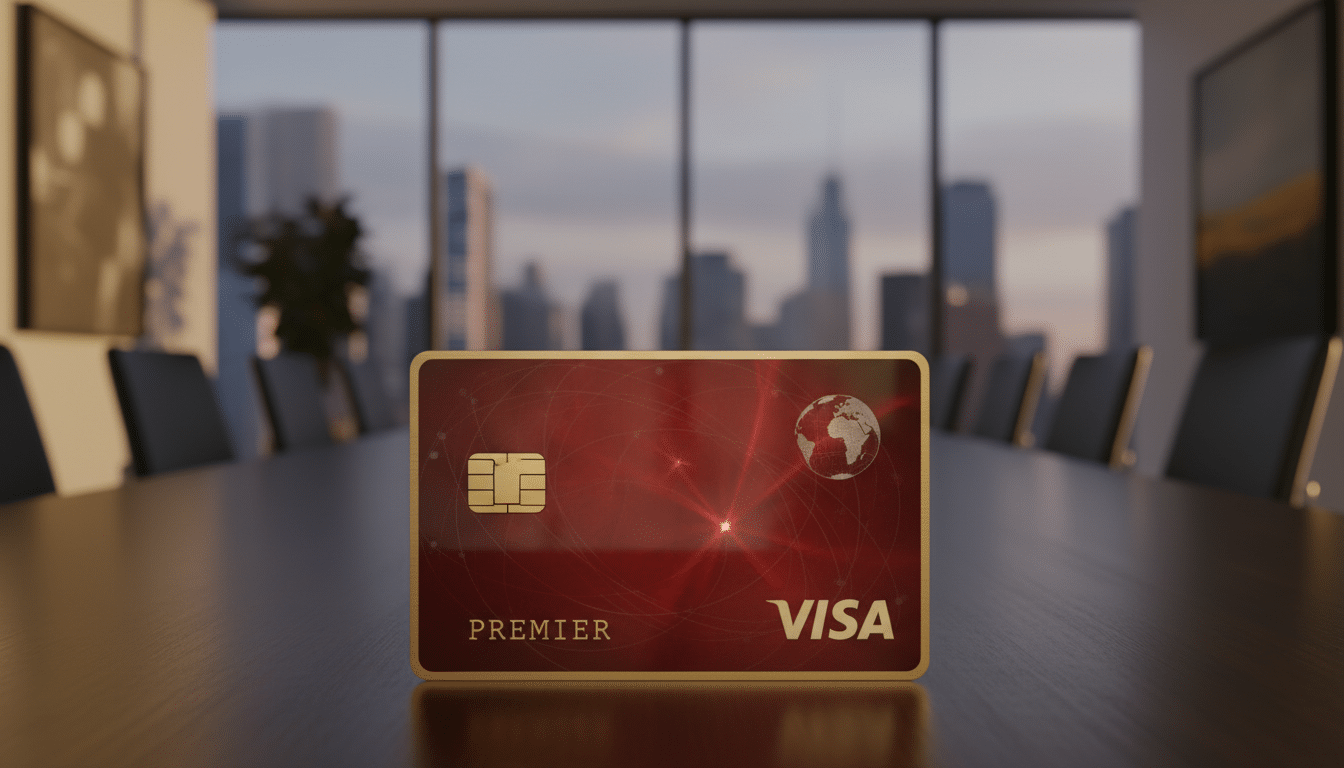 A luxurious Visa Premier credit card prominently displayed in the foreground, gleaming with metallic accents and an elegant design that showcases its premium features. The card should reflect light in a way that emphasizes its quality and exclusivity. In the middle ground, a sleek, modern business setting can be seen, with a soft-focus conference table and a blurred background of an upscale office environment, symbolizing prestige. The lighting is warm and inviting, creating a professional yet relaxed atmosphere. The scene is captured with a shallow depth of field to draw attention to the card while gently blurring the surrounding details. Overall, the mood is sophisticated and aspirational, ideal for illustrating a discussion on premium credit options.