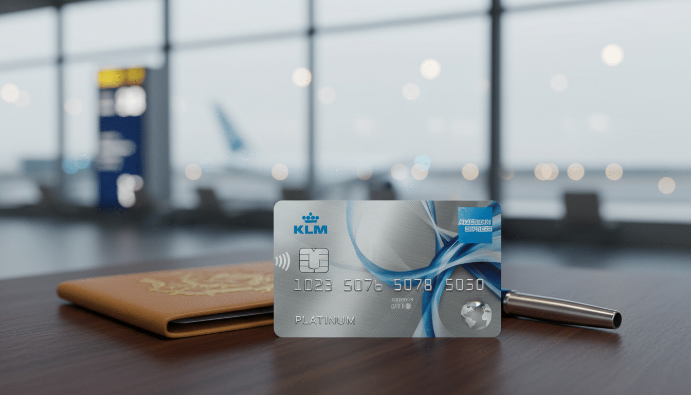 A polished Amex AF KLM Platinum credit card prominently displayed in the foreground, reflecting its metallic sheen under soft, diffused lighting. The card features the KLM logo and an elegant blue and silver design, symbolizing luxury and travel. In the middle ground, a well-organized travel workspace includes a stylish leather passport holder and an elegant pen, suggesting preparation for an exclusive journey. The background showcases a blurred airport terminal with soft bokeh lights, creating a sophisticated atmosphere of travel and adventure. The mood is aspirational and refined, capturing the essence of maximizing travel rewards. Use a shallow depth of field to highlight the card and workspace, conveying an atmosphere of professional elegance and high status.