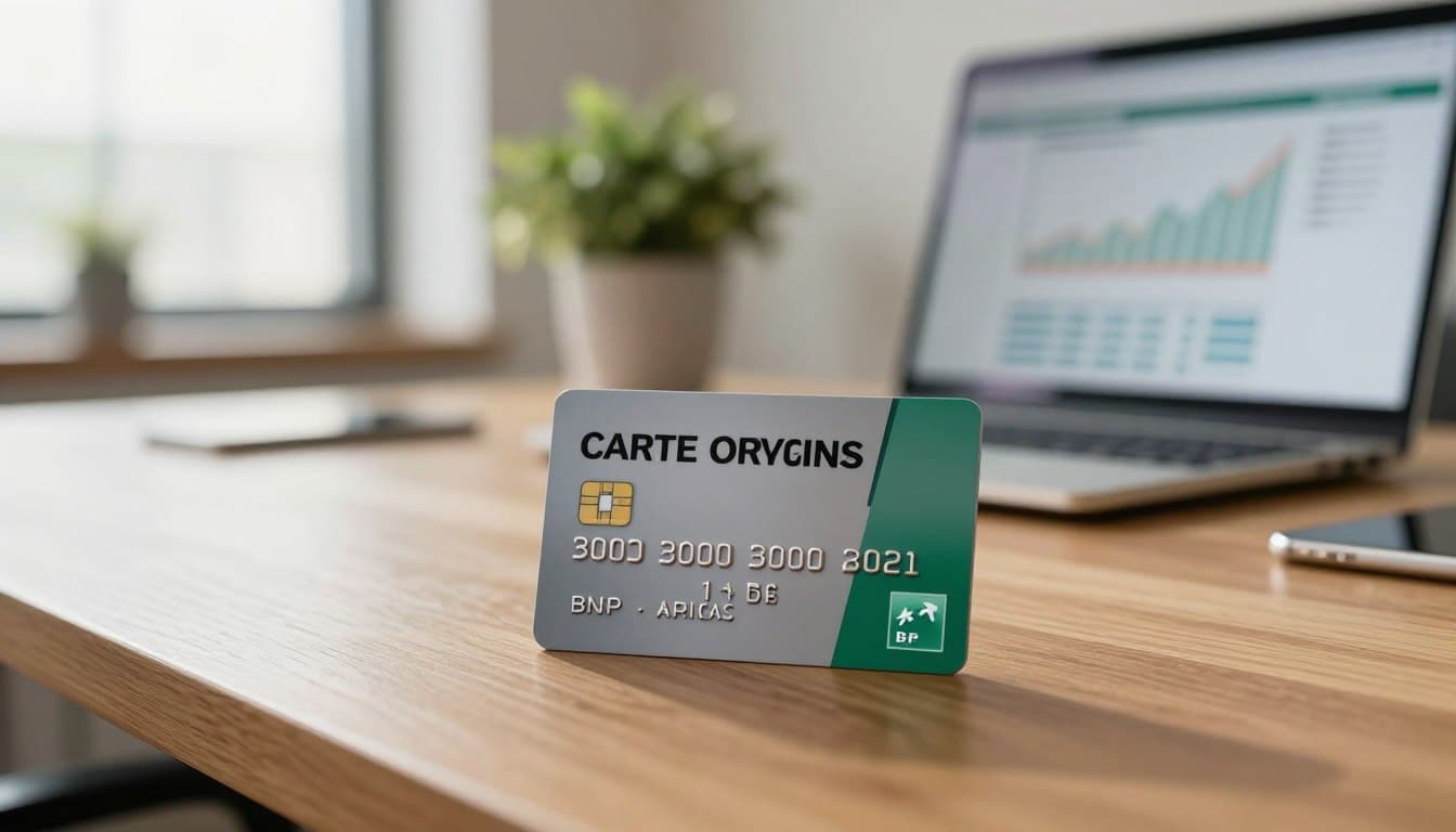 A professional business setting featuring a close-up of the Carte Origin BNP Paribas card prominently displayed on a sleek wooden desk. The card should be depicted from a slight angle, showcasing its distinctive design with the BNP Paribas logo clearly visible. In the background, softly blurred, there is a modern office environment, complete with a stylish desk, a laptop open with financial charts on the screen, and a potted plant adding a touch of greenery. The lighting is warm and inviting, with natural light filtering through a nearby window, creating a professional yet approachable atmosphere. The mood conveys a sense of opportunity and professionalism, ideal for prospective card applicants.