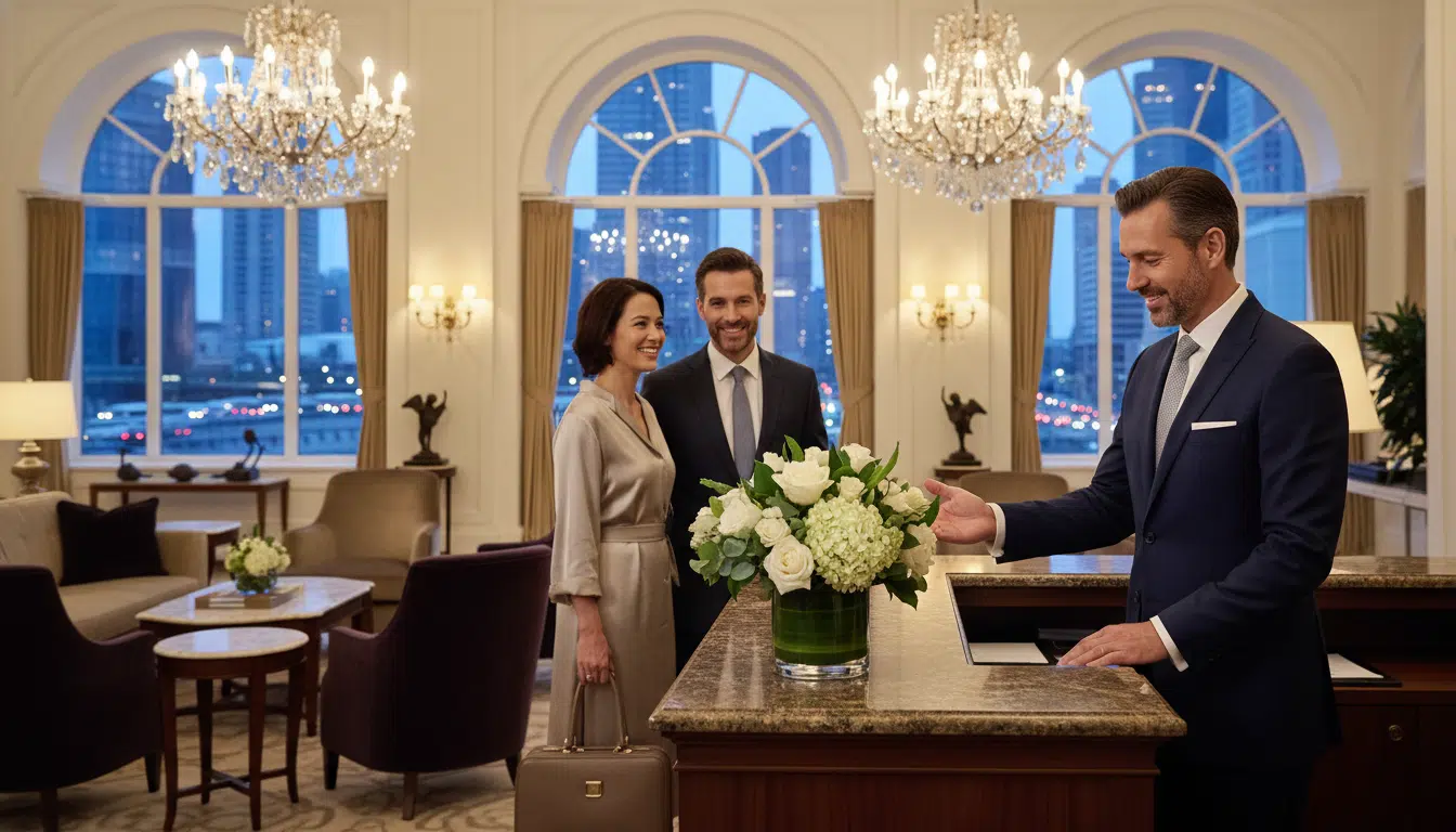A sophisticated service concierge in a luxurious hotel setting, dressed in a tailored navy suit with a crisp white shirt and silver tie. The concierge is standing behind a sleek, polished reception desk, attentively engaging with a well-dressed couple. In the foreground, elegant flowers in a vase add warmth. The middle layer features a plush lobby with plush seating and tasteful decor, including ornate chandeliers casting soft, diffused light. The background shows tall, grand windows with a cityscape visible, creating a vibrant atmosphere. The scene is bright and inviting, encapsulating a sense of exclusivity and refinement, ideal for representing premium concierge services. The overall mood is professional, welcoming, and luxurious.