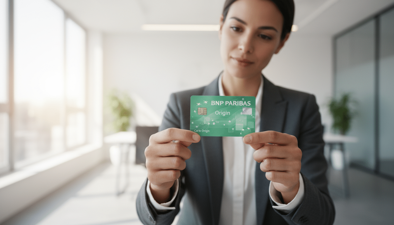 A stylish BNP Paribas Origin card prominently displayed in the foreground, featuring a sleek design with a vibrant green and white color scheme. The card includes modern graphic elements representative of digital banking. In the middle ground, a professional business person in modest attire, thoughtfully examining the card with a focused expression, showcasing engagement with the product. The background features a softly blurred office environment, illuminated by natural light streaming through large windows, conveying a sense of modernity and financial professionalism. The overall mood is one of trust, innovation, and financial empowerment, emphasizing the essential nature of the "Carte Origin BNP". Soft focus and depth of field techniques enhance the visual clarity and importance of the card and the professional, creating a clean and sophisticated atmosphere.