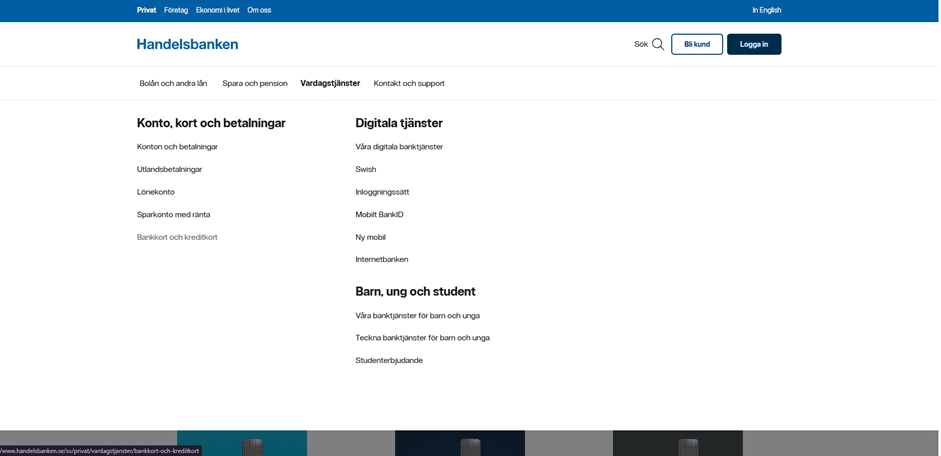 En skärmdump av Handelsbankens startsida där menyvalen för vardagstjänster och kort är markerade.