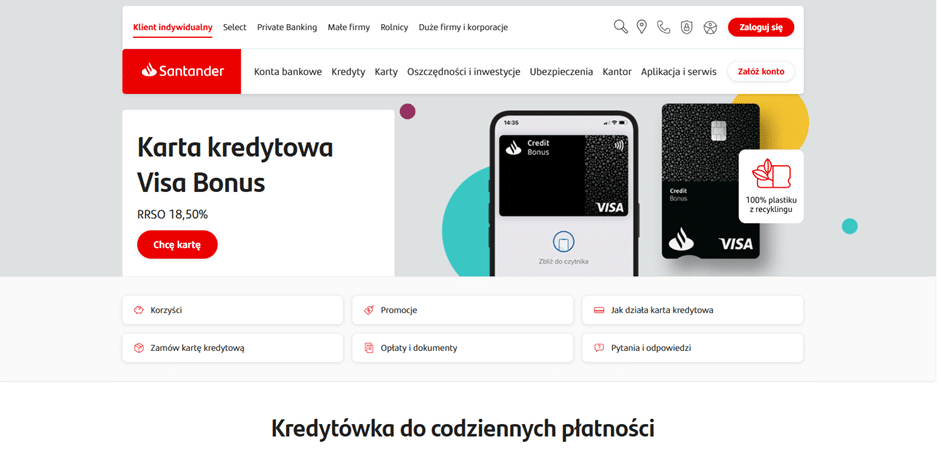 Strona szczegółowa wybranej karty kredytowej z widocznym czerwonym przyciskiem „Chcę kartę”.
