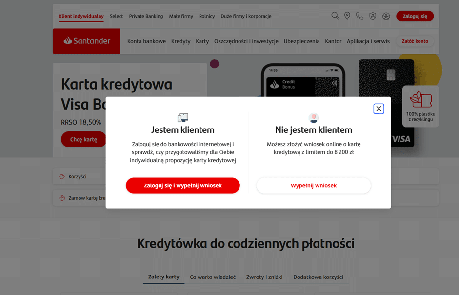 Interfejs logowania do bankowości internetowej Santander, umożliwiający potwierdzenie wniosku o kartę.