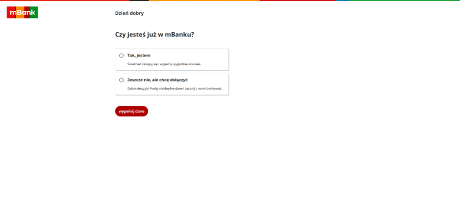 Interfejs składania wniosku online w serwisie mBanku, gdzie użytkownik kończy proces zamawiania karty.