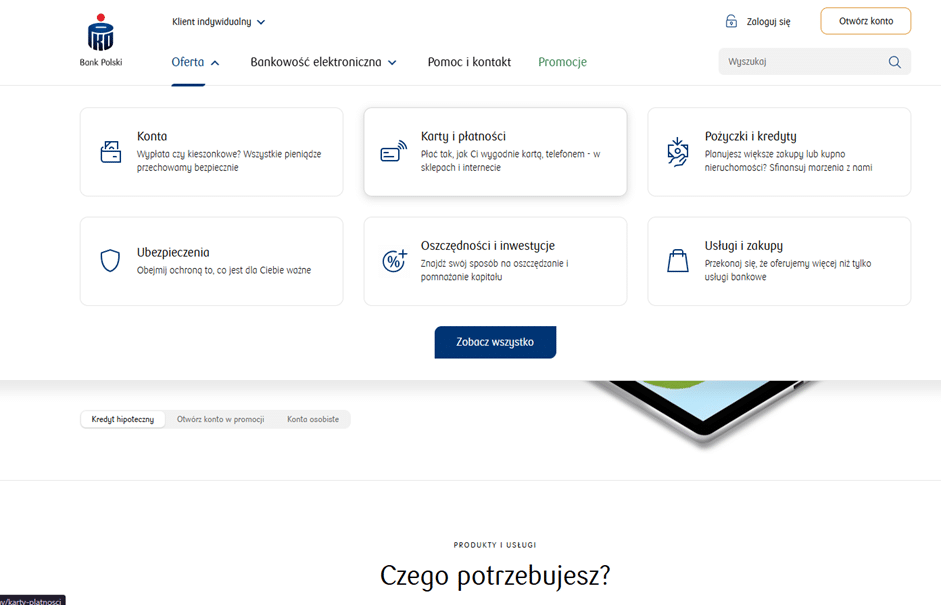 Zrzut ekranu strony głównej PKO BP z otwartym menu „Oferta” i wybraną sekcją „Karty i płatności”.