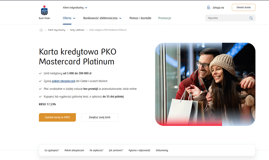 Szczegółowa strona informacyjna wybranej karty z widocznym żółtym przyciskiem zachęcającym do zamówienia przez system iPKO.